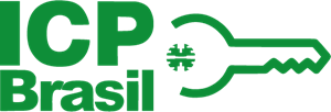Logotipo da ICP Brasil. Uma chave ao lado do nome ICP Brasil e acima do slogan O Brasil na era da certificação digital.